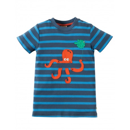 Maglietta Ollie Applique - Soft navy stripe Octopus - Frugi
