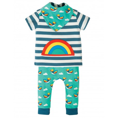 Completo maglietta pantalone bib Steely Blue Stripe Rainbow in cotone biologico